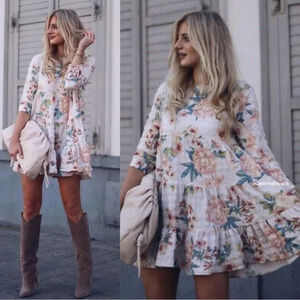 Zara Ecru Floral Babydoll Dress Multicolor Tiered Swingy Boho Bloggers Fave S